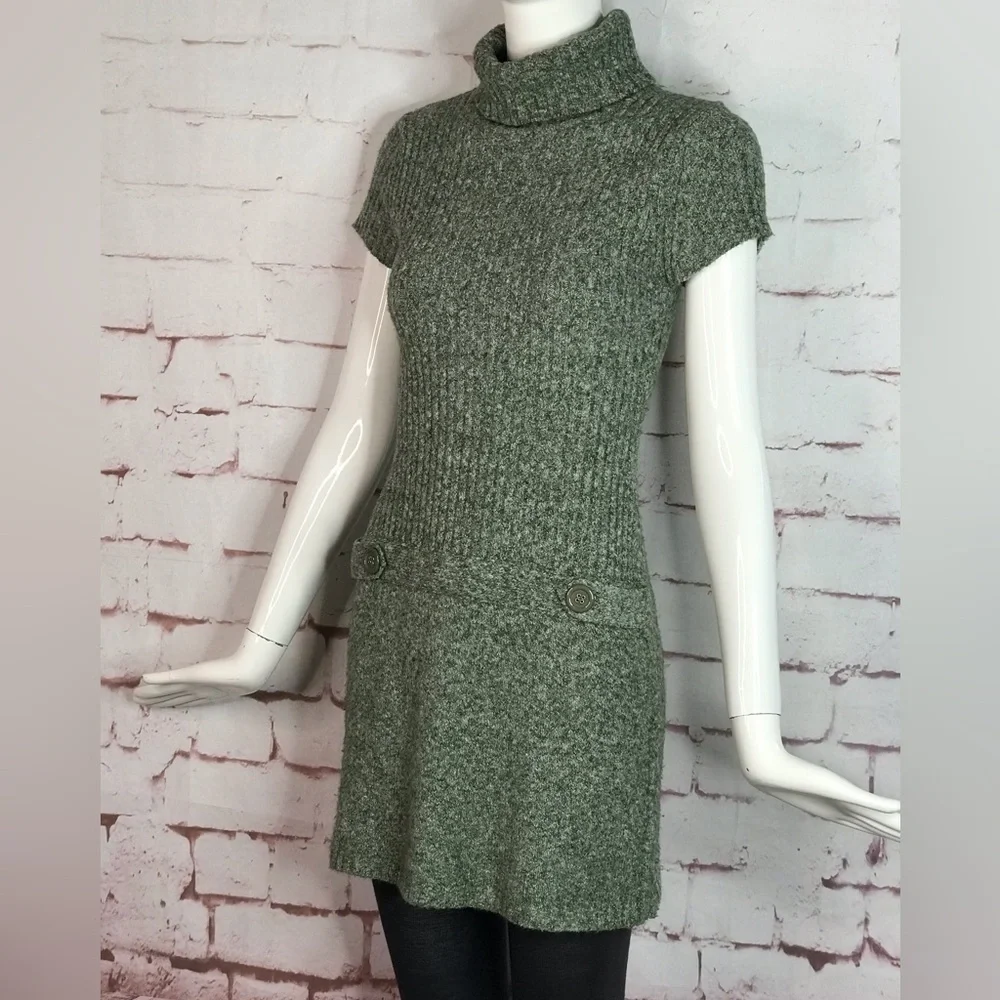 JJ BASICS M Knit Sweater Mini Dress Olive Green Marled Knit Short Sleeve Medium - Picture 15 of 15